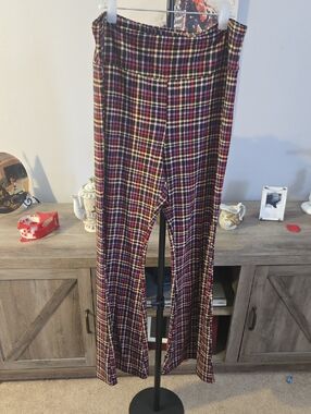 No Boundaries Plaid Flare Pants - Red, Yellow & Black with Purple Accent